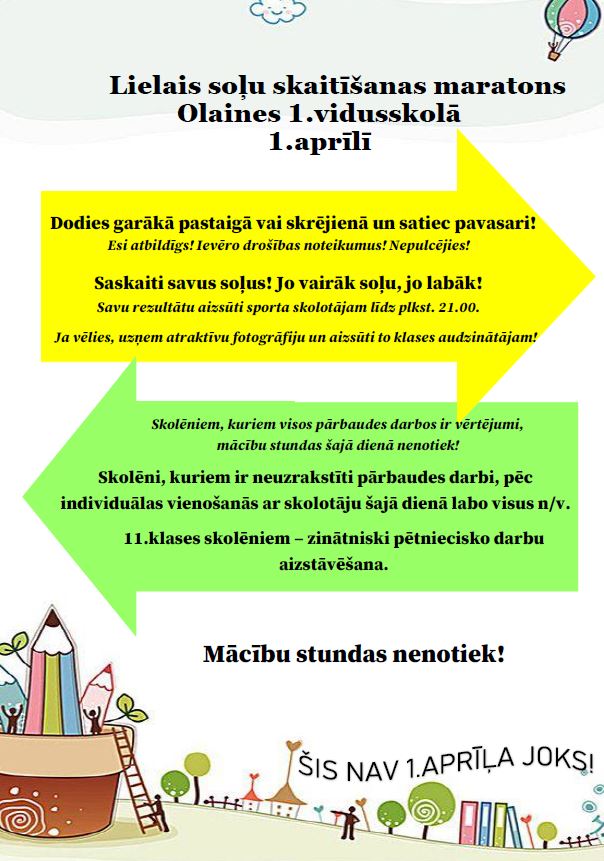 Afiša par Lielo soļu skaitīšanas maratonu Olaines 1. vidusskolas skolēniem 1. aprīlī