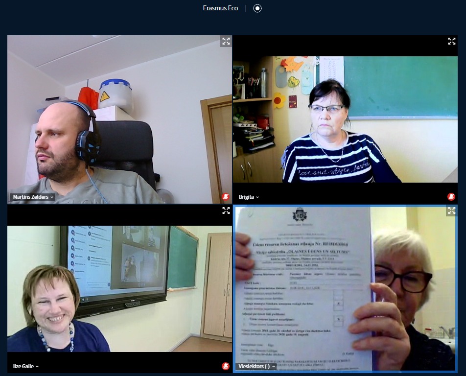 bilde no virtuālās sapulces, trīs skolotāji un vieslektore